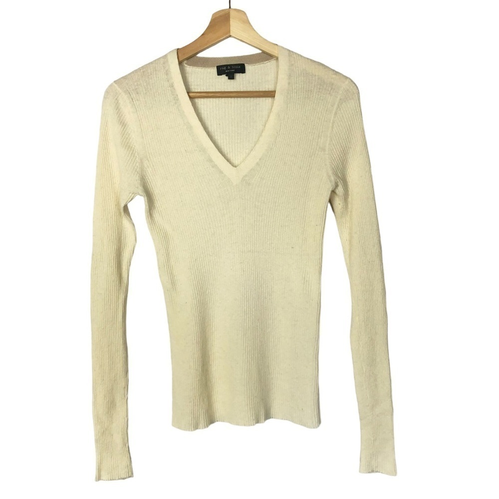 Rag & Bone Ivory White Ribbed Wool Blend V-Neck Sweater M